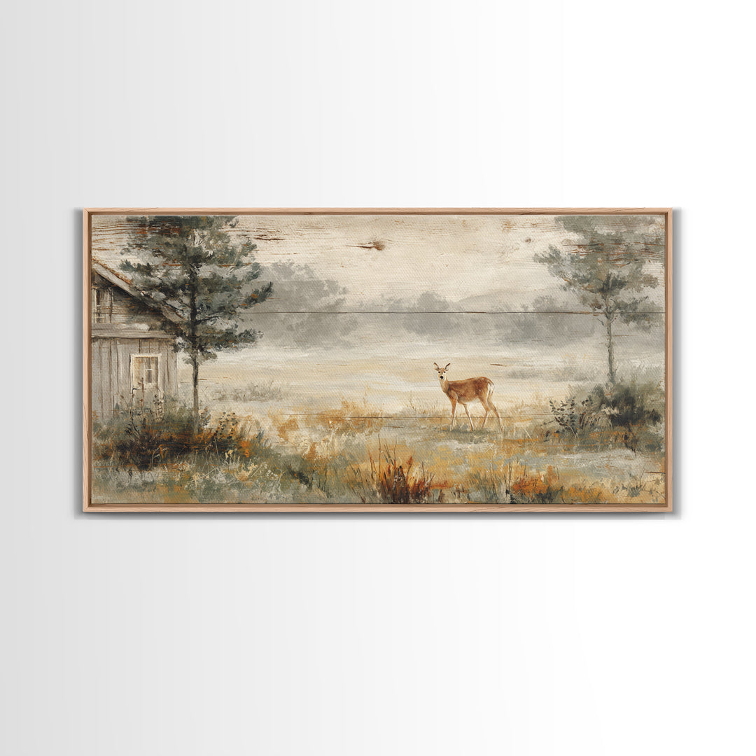 Deer Crossing a Misty Morning Field Framed Canvas Print, Country Art, French Country Decor, Farmhouse Decor, Fine Art, Country, COU-2x1-79