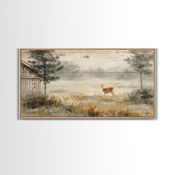 Deer Crossing a Misty Morning Field Framed Canvas Print, Country Art, French Country Decor, Farmhouse Decor, Fine Art, Country, COU-2x1-79