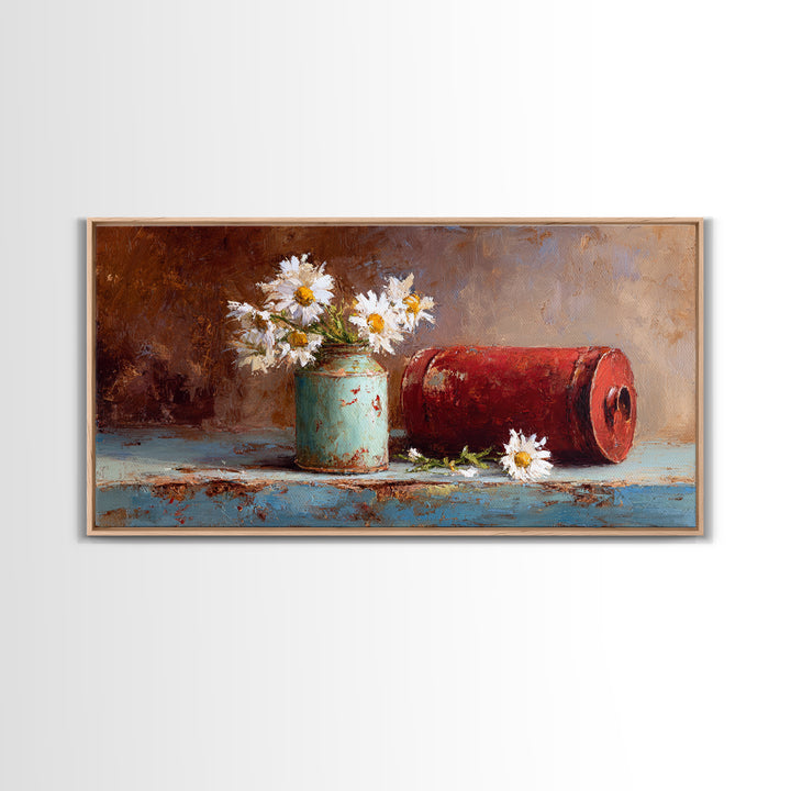 Milk Can and Daisies Rustic Still Life Framed Canvas Print, Country Art, Oil Painting, Farmhouse Decor, Watercolor Art, Country, COU-2x1-81