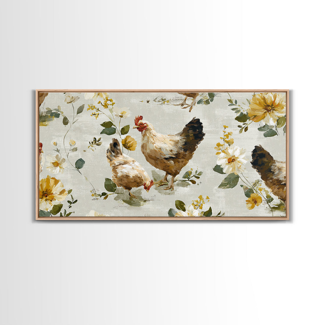 Chickens Pecking Near Garden Flowers Canvas Print, Country Art, Wall Art, Farmhouse Decor, Watercolor Art, Country, COU-2x1-82