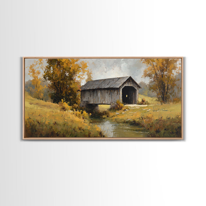Covered Bridge over a Quiet Creek Framed Canvas Print, Country Art, Contemporary Art, Farmhouse Decor, Fine Art, Country, COU-2x1-83