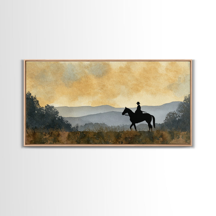 Horse and Rider Silhouette at Dusk Framed Canvas Print, Country Art, Digital Wall Art, Farmhouse Decor, Fine Art, Country, COU-2x1-85