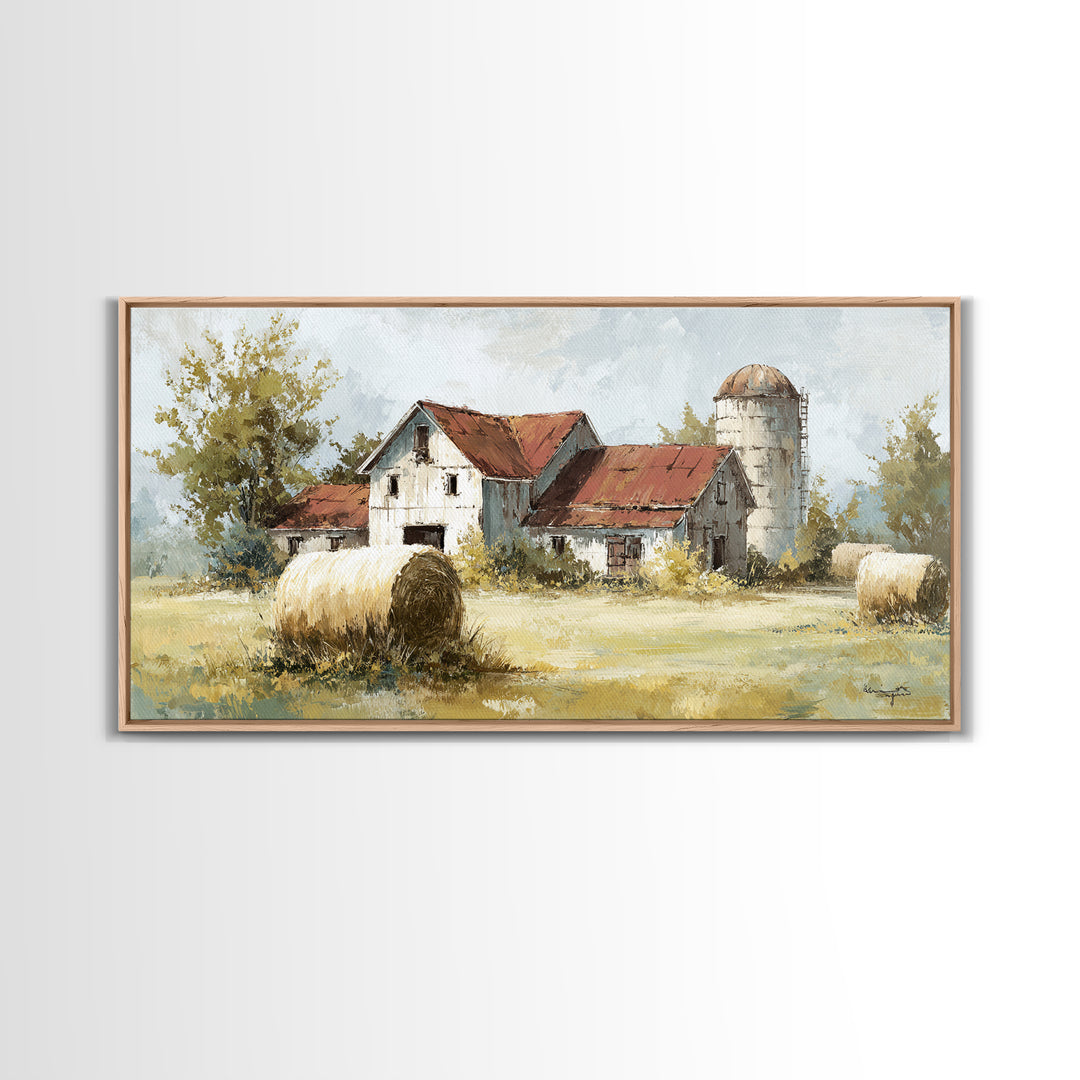 Hay Bales in Late Afternoon Sun Framed Canvas Print, Country Art, Digital Print, Farmhouse Decor, Country, French Country, COU-2x1-88