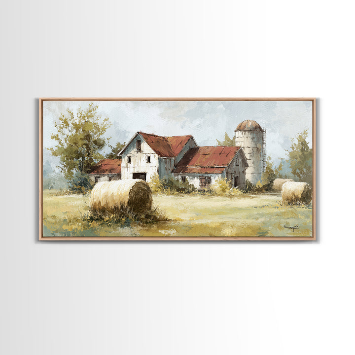 Hay Bales in Late Afternoon Sun Framed Canvas Print, Country Art, Digital Print, Farmhouse Decor, Country, French Country, COU-2x1-88