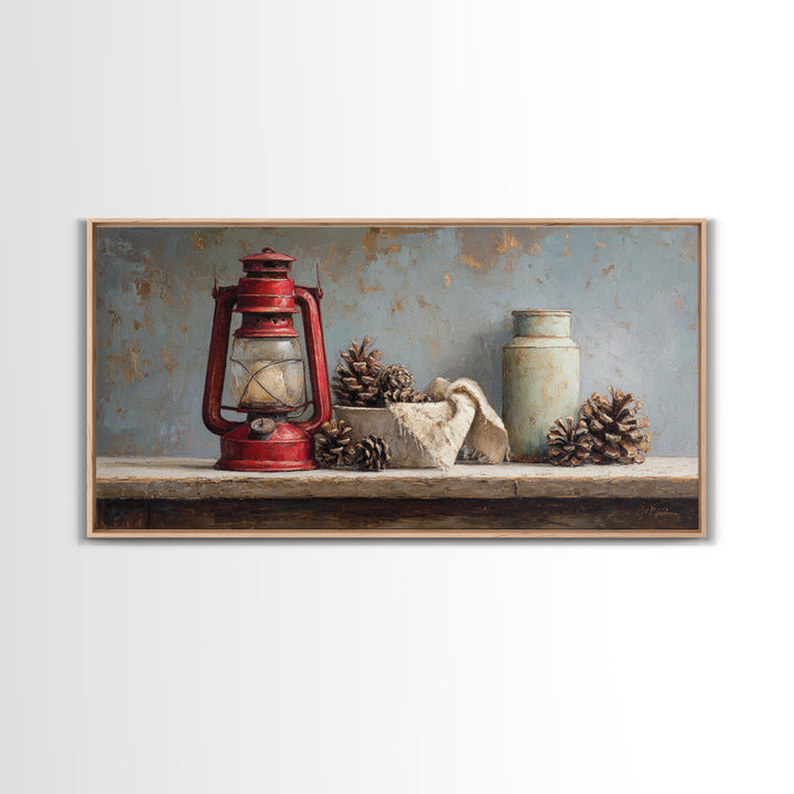 Old Lantern and Pinecones Still Life Framed Canvas Print, Country Art, Printable Art, Farmhouse Decor, Oil Painting, Country, COU-2x1-92