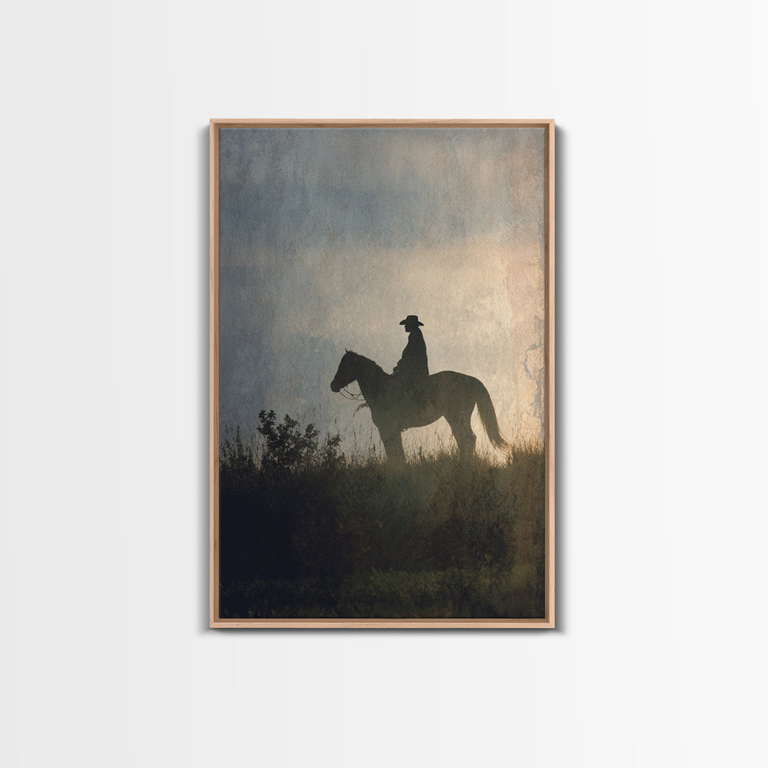 Horse and Rider Silhouette at Dusk Framed Canvas Print, Country Art, Wall Art, Farmhouse Decor, Fine Art, Country, COU-2x3-1