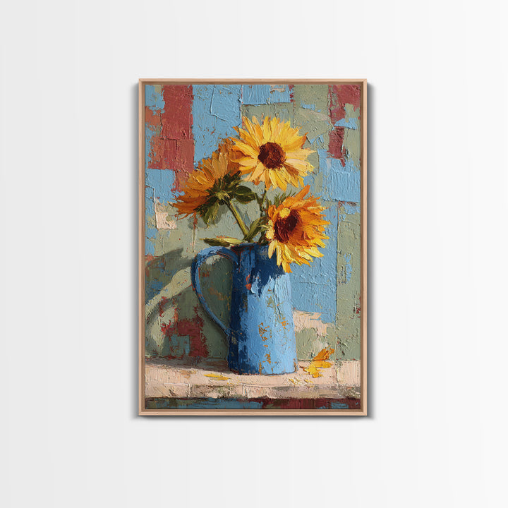 Sunflowers in a Blue Enamel Pitcher Canvas Print, Country Art, Floral Wall Art, Farmhouse Decor, Country, Fine Art Print, COU-2x3-16