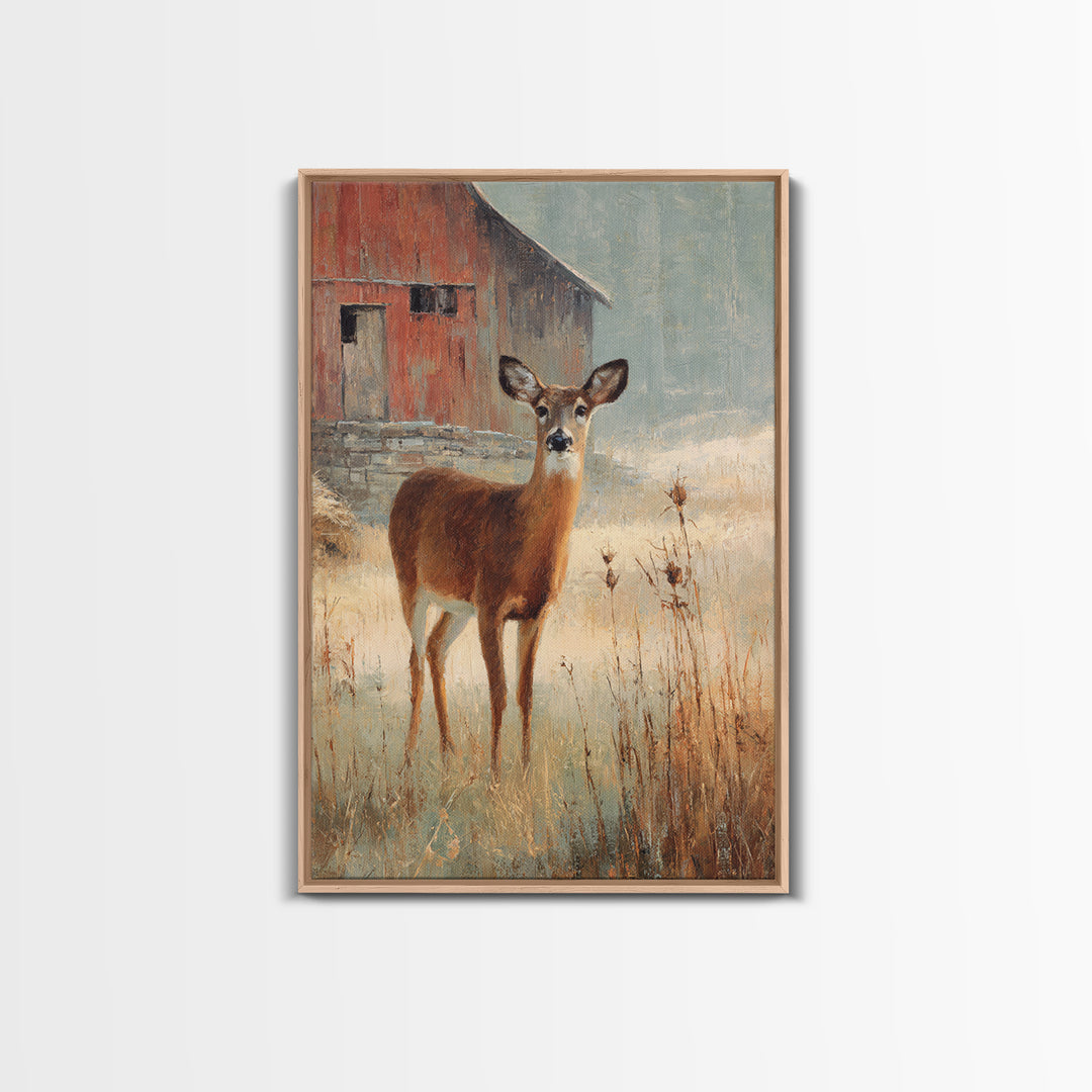 Deer Crossing a Misty Morning Field Framed Canvas Print, Country Art, Wall Decor, Farmhouse Decor, Fine Art, Country, COU-2x3-19