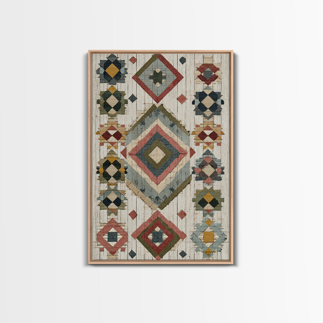Quilt Geometric Folk Pattern Framed Canvas Print, Country Art, Farmhouse Decor, Abstract Art, Country, Watercolor Painting, COU-2x3-20