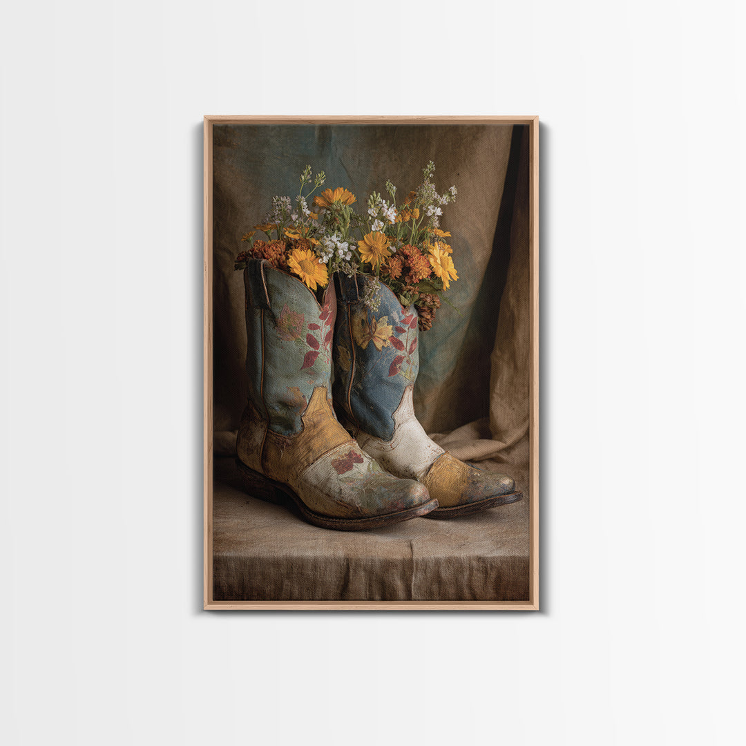 Weathered Boots with Wildflowers Tucked Inside Canvas Print, Country Art, Eclectic Wall Art, Farmhouse Decor, Country, COU-2x3-24