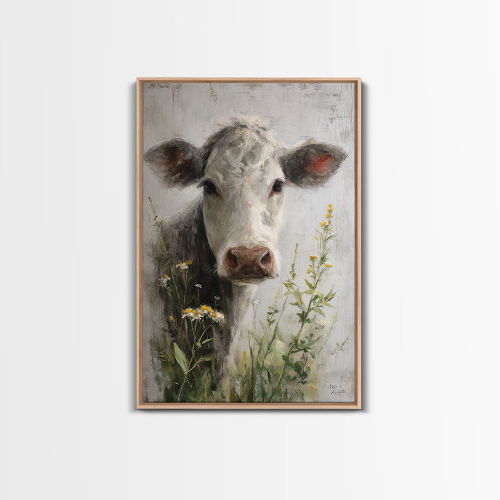 Cow Portrait with Gentle Farmhouse Personality Framed Canvas Print, Country Art, Digital Art Prints, Farmhouse Decor, Country, COU-2x3-36