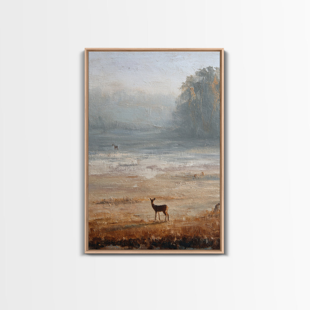Deer Crossing a Misty Morning Field Framed Canvas Print, Country Art, Contemporary Art, Farmhouse Decor, Fine Art, Country, COU-2x3-43