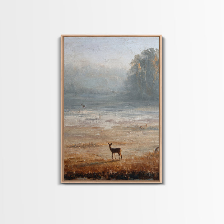 Deer Crossing a Misty Morning Field Framed Canvas Print, Country Art, Contemporary Art, Farmhouse Decor, Fine Art, Country, COU-2x3-43