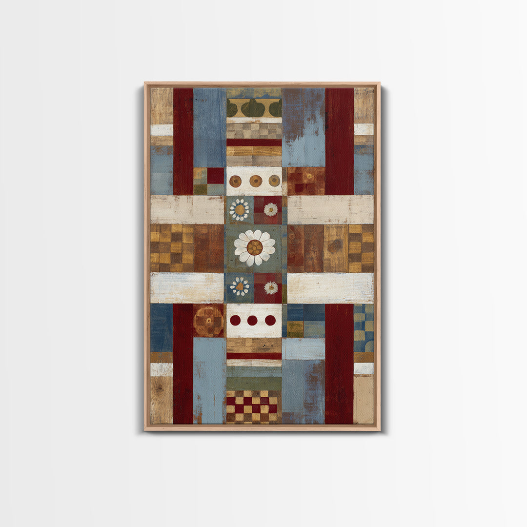 Quilt Geometric Folk Pattern Framed Canvas Print, Country Art, Landscape Wall Art, Farmhouse Decor, Abstract Art, Country, COU-2x3-44