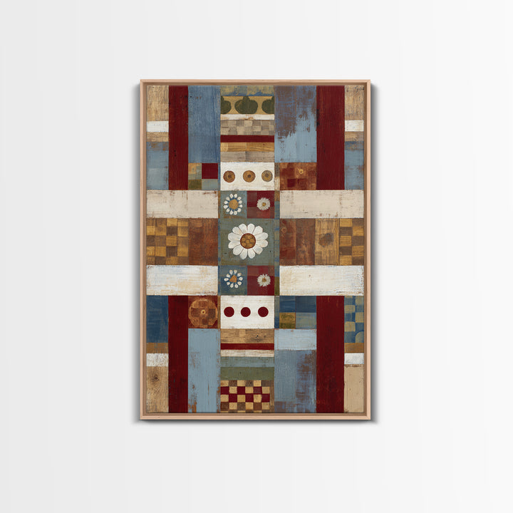 Quilt Geometric Folk Pattern Framed Canvas Print, Country Art, Landscape Wall Art, Farmhouse Decor, Abstract Art, Country, COU-2x3-44