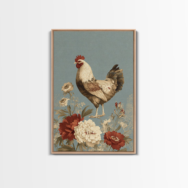Chickens Pecking Near Garden Flowers Framed Canvas Print, Country Art, Textured Painting, Farmhouse Decor, Fine Art, Country, COU-2x3-46