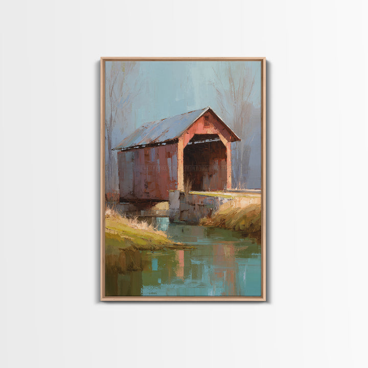Covered Bridge over a Quiet Creek Framed Canvas Print, Country Art, Wall Art, Farmhouse Decor, Abstract Art, Country, COU-2x3-47