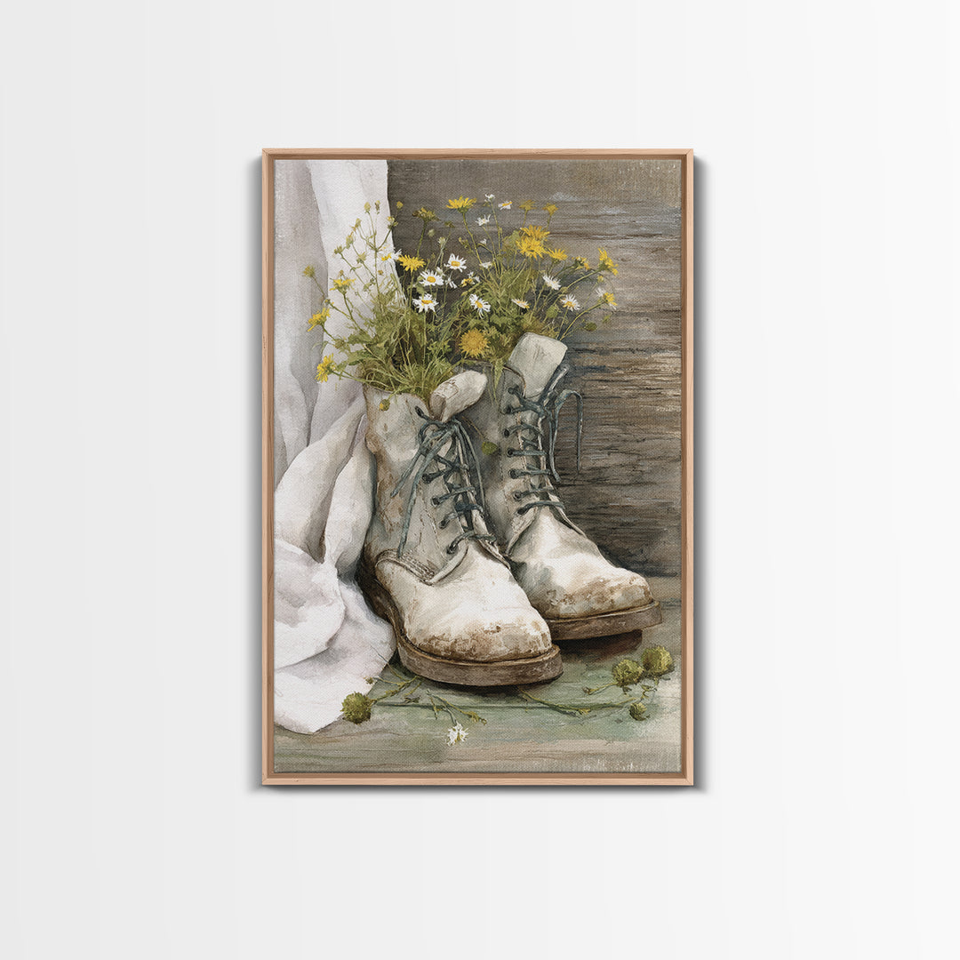 Weathered Boots with Wildflowers Tucked Inside Framed Canvas Print, Country Art, Statement Artwork, Farmhouse Decor, Country, COU-2x3-48