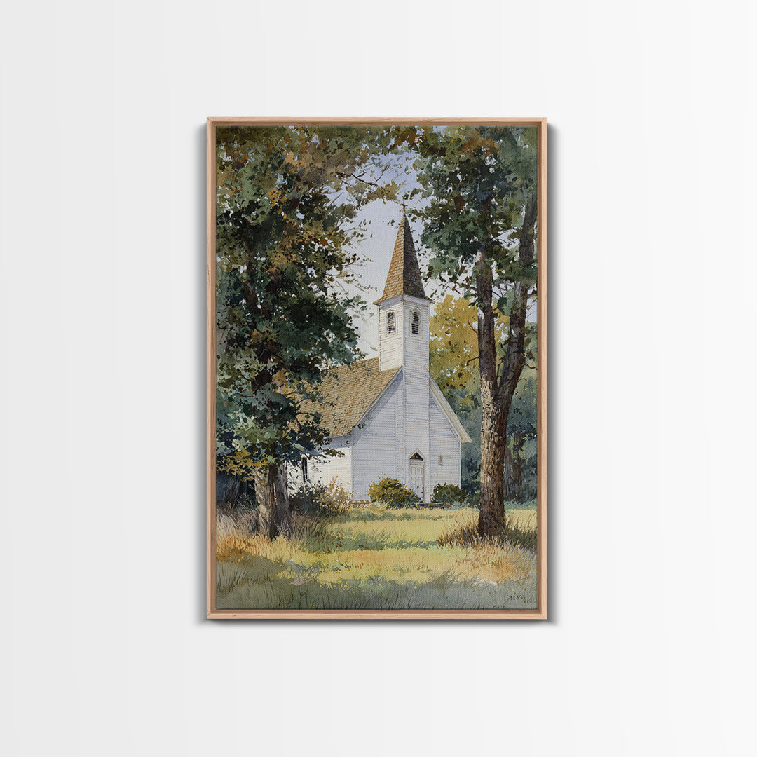 Country Church Steeple Beyond Trees Framed Canvas Print, Country Art, Room Decor, Farmhouse Decor, Oil Painting, Country, COU-2x3-51