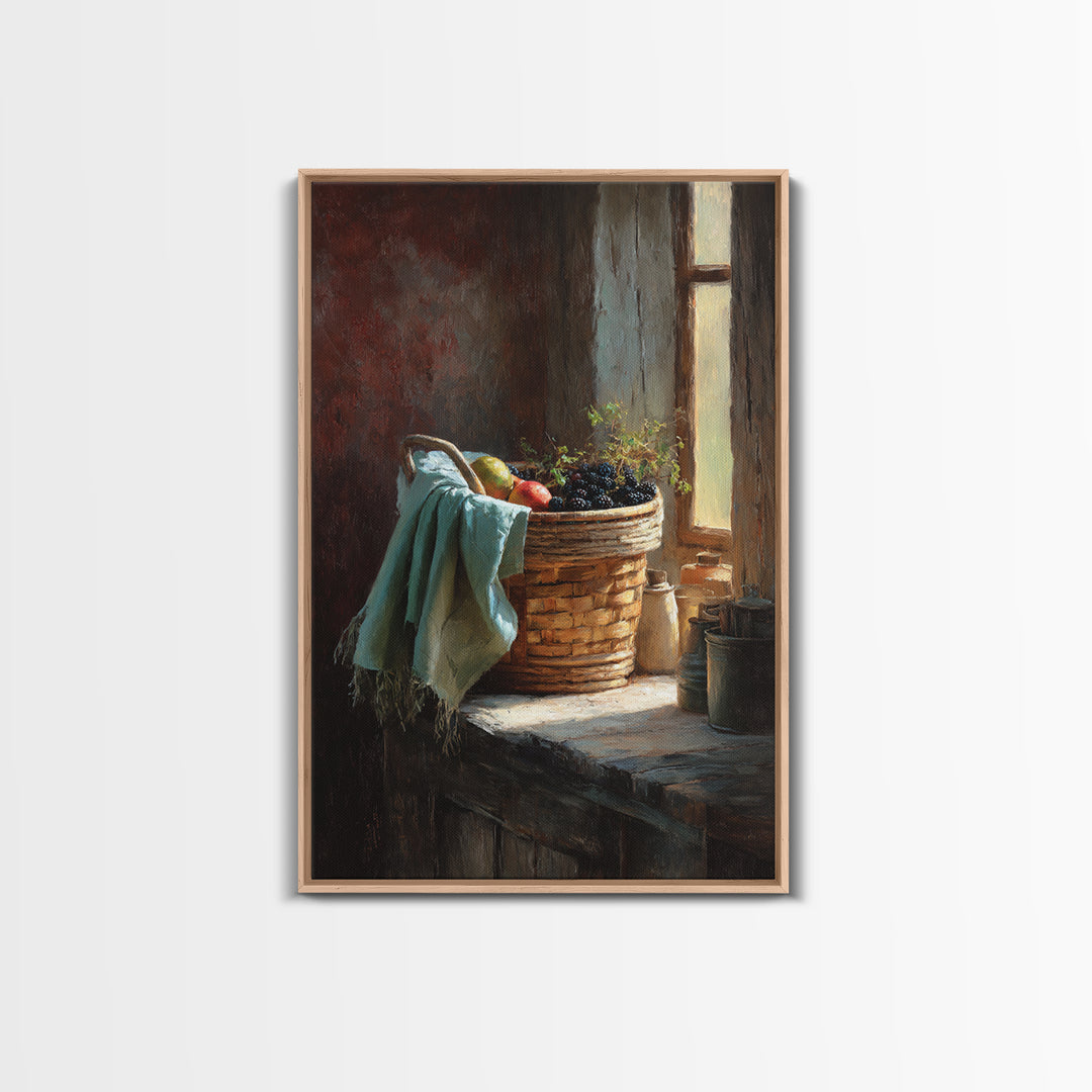 Blackberry Basket with Linen Cloth Framed Canvas Print, Country Art, Printable Wall Art, Farmhouse Decor, Abstract Art, Country, COU-2x3-53