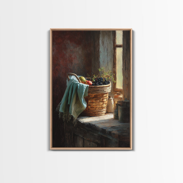 Blackberry Basket with Linen Cloth Framed Canvas Print, Country Art, Printable Wall Art, Farmhouse Decor, Abstract Art, Country, COU-2x3-53