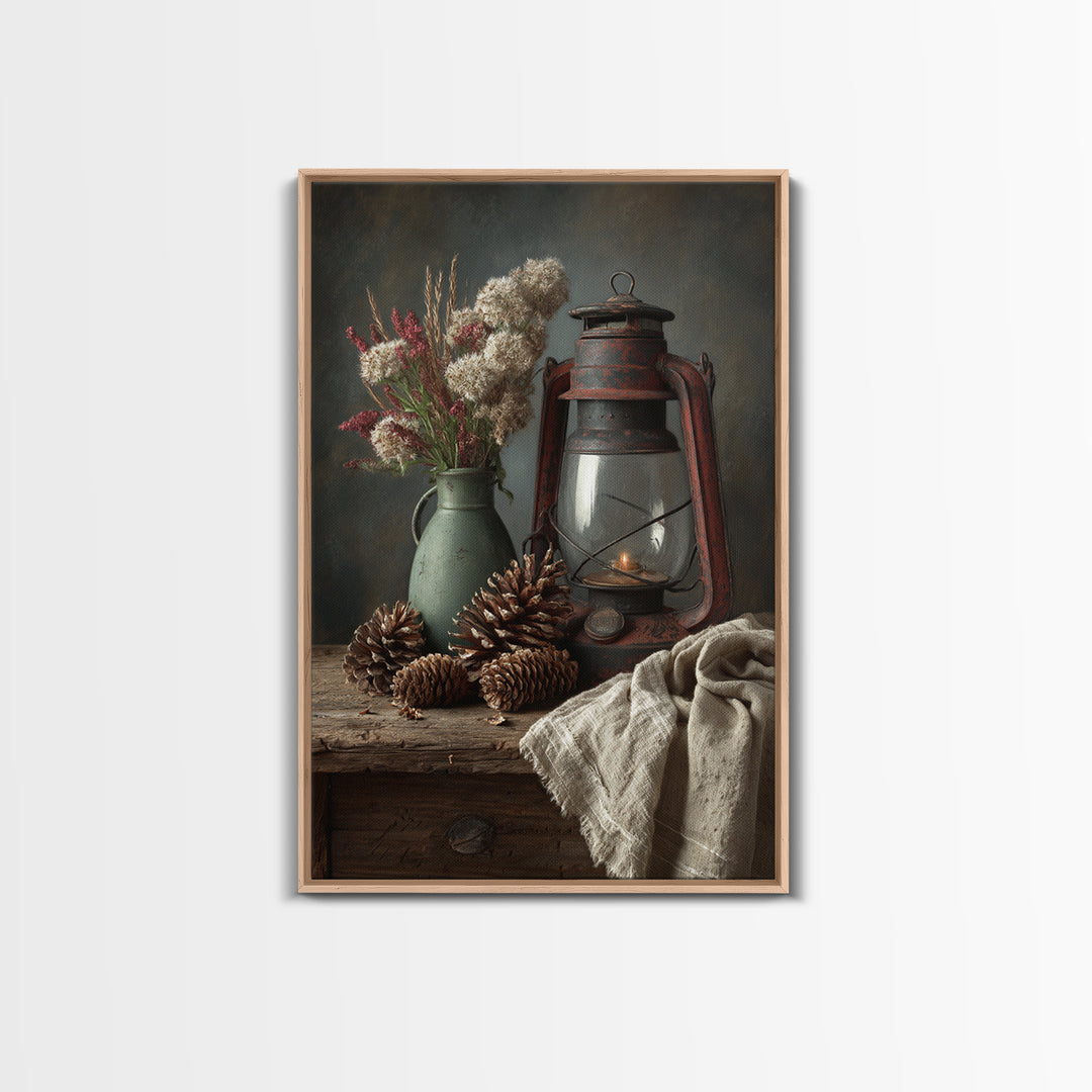 Old Lantern and Pinecones Still Life Framed Canvas Print, Country Art, Wall Decor, Farmhouse Decor, Abstract Art, Country, COU-2x3-56