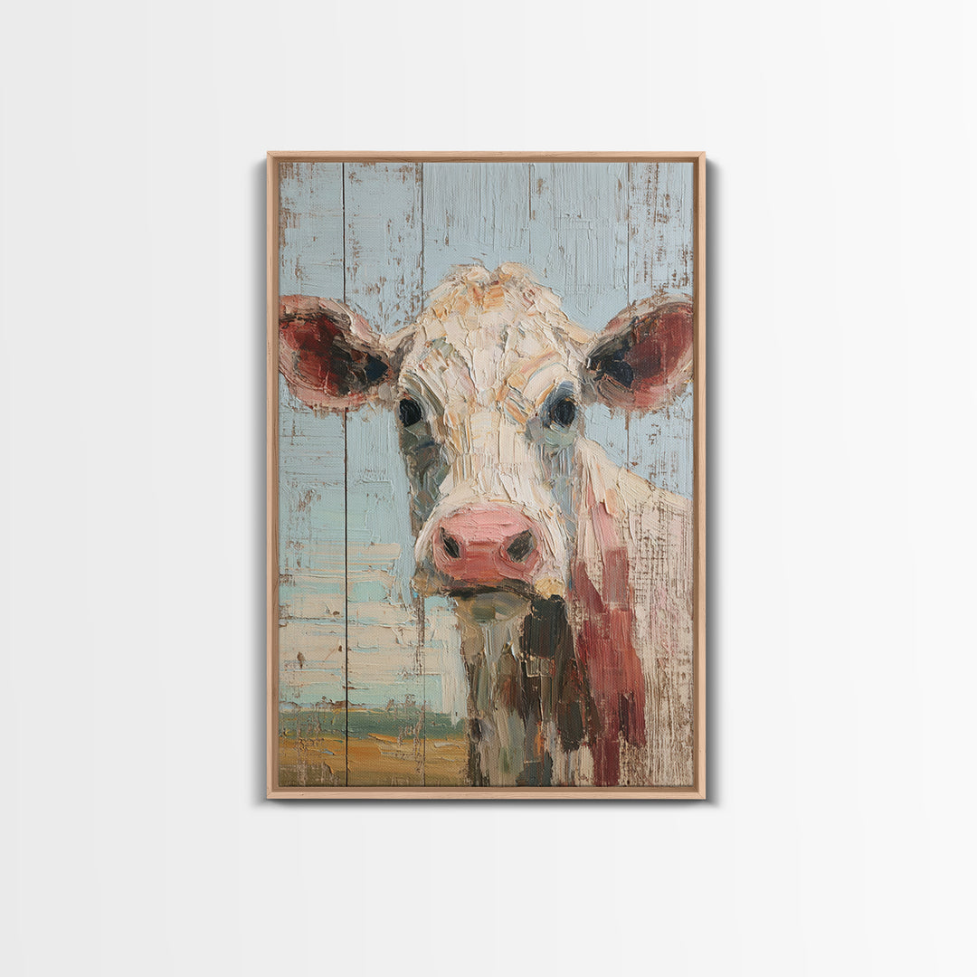 Cow Portrait with Gentle Farmhouse Personality Framed Canvas Print, Country Art, Wall Art, Farmhouse Decor, Oil Painting, COU-2x3-60