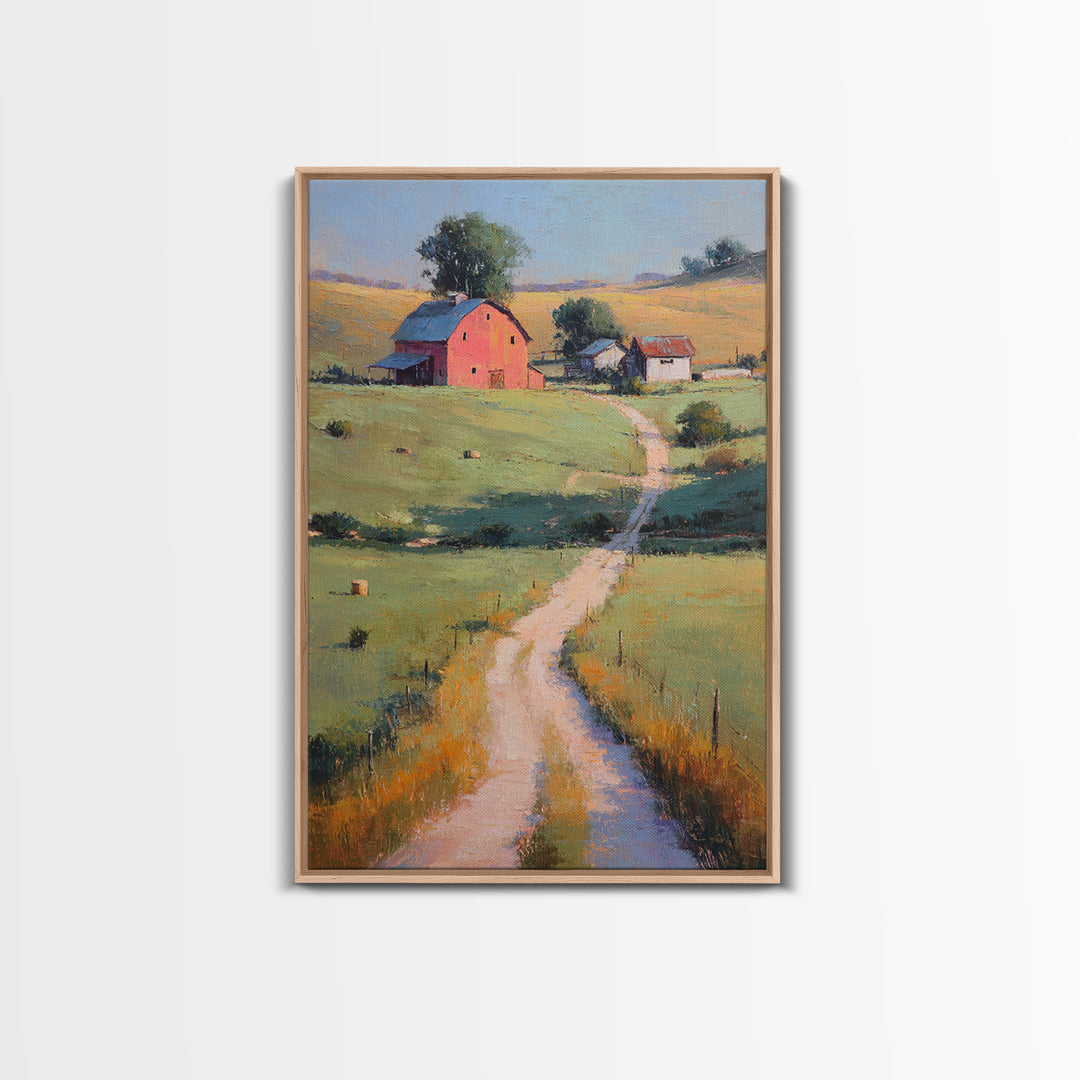 Country Road Disappearing into Green Hills Framed Canvas Print, Country Art, Digital Prints, Farmhouse Decor, Watercolor Art, COU-2x3-63