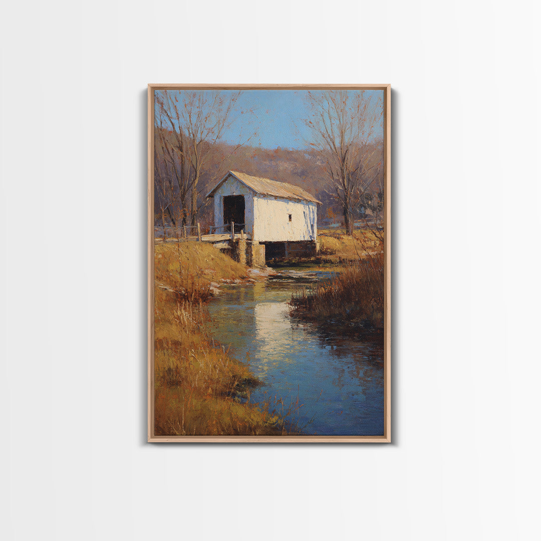 Covered Bridge over a Quiet Creek Canvas Print, Country Art, Art Print, Farmhouse Decor, Fine Art, Country, Watercolor Painting, COU-2x3-71