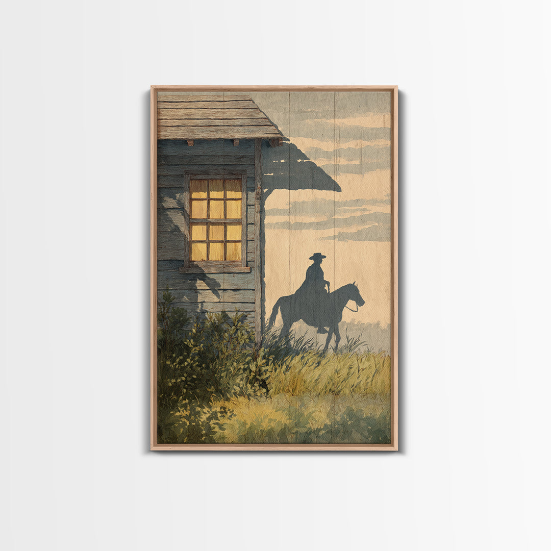 Horse and Rider Silhouette at Dusk Framed Canvas Print, Country Art, Large Wall Art, Farmhouse Decor, Fine Art, Country, COU-2x3-73