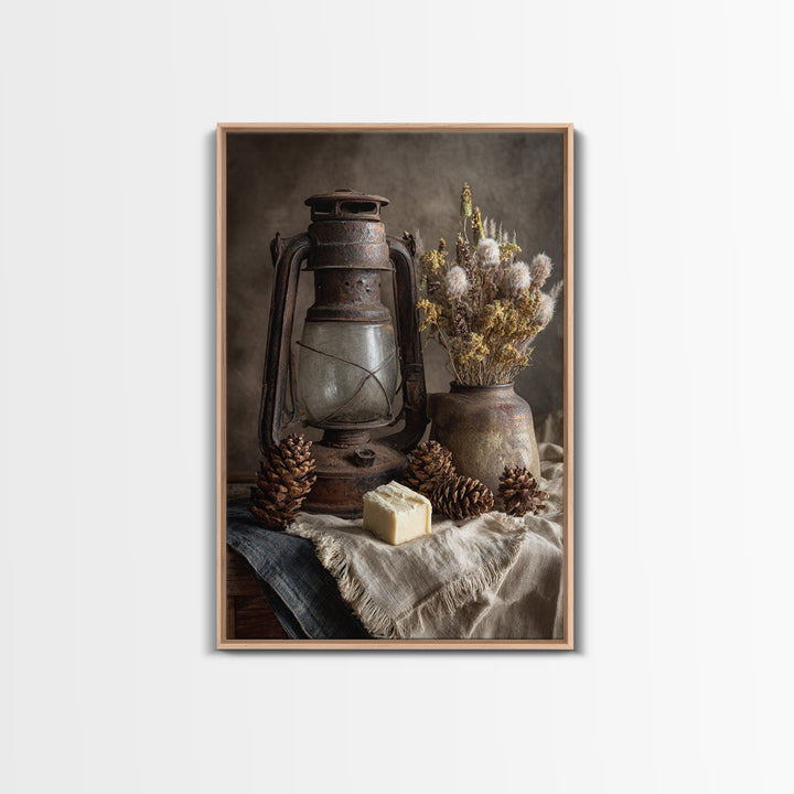 Old Lantern and Pinecones Still Life Framed Canvas Print, Country Art, Farmhouse Wall Decor, Farmhouse Decor, Oil Painting, COU-2x3-8