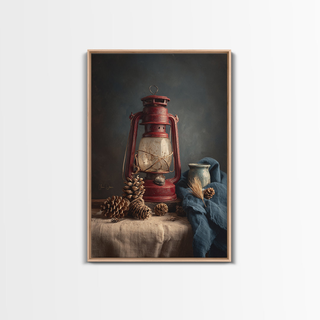 Old Lantern and Pinecones Still Life Framed Canvas Print, Country Art, Farmhouse Decor, Watercolor Art, Country, COU-2x3-80