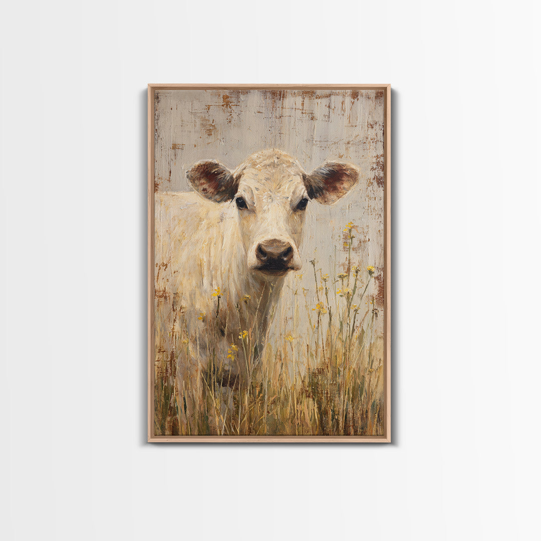 Cow Portrait with Gentle Farmhouse Personality Framed Canvas Print, Country Art, Landscape Painting, Farmhouse Decor, Country, COU-2x3-84