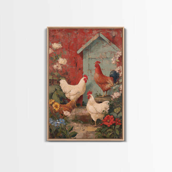 Chickens Pecking Near Garden Flowers Framed Canvas Print, Country Art, Farmhouse Decor, Watercolor Art, Country, COU-2x3-94