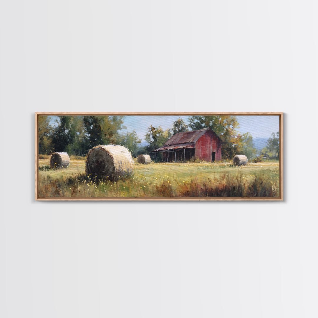 Hay Bales in Late Afternoon Sun Framed Canvas Print, Country Art, Eclectic Wall Art, Farmhouse Decor, Fine Art, Country, COU-3x1-12