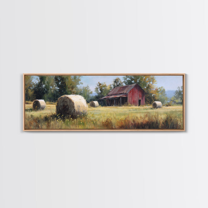 Hay Bales in Late Afternoon Sun Framed Canvas Print, Country Art, Eclectic Wall Art, Farmhouse Decor, Fine Art, Country, COU-3x1-12