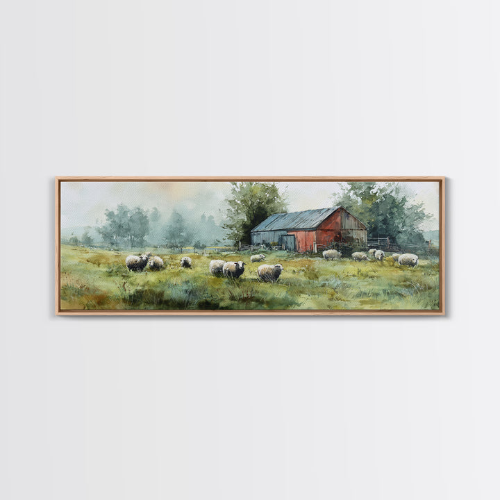 Watercolor Sheep in a Green Pasture Framed Canvas Print, Country Art, Gallery Wall Art, Farmhouse Decor, Fine Art, Country, COU-3x1-15