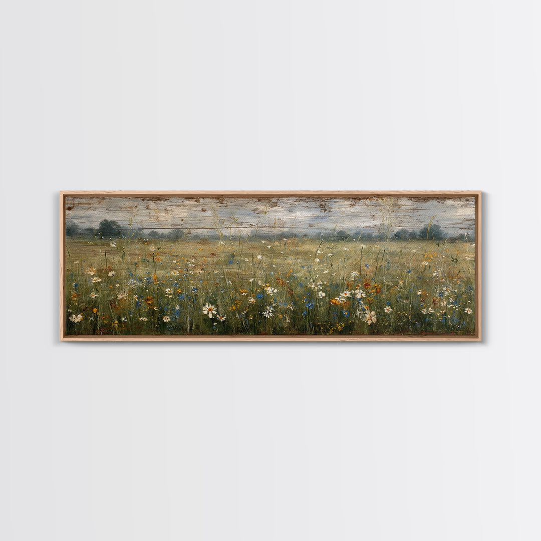 Wildflower Meadow Beside an Old Fence Framed Canvas Print, Country Art, Oil Painting, Farmhouse Decor, Watercolor Art, Country, COU-3x1-18