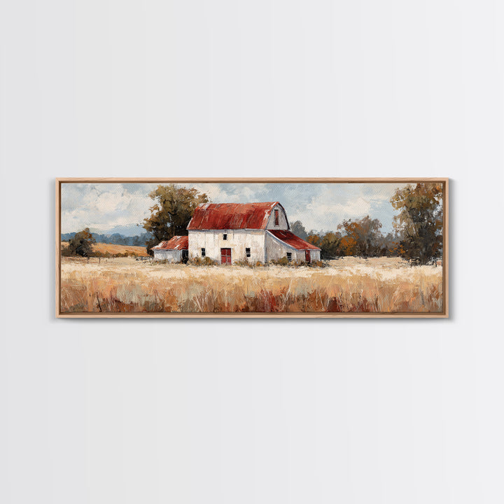 White Farmhouse Surrounded by Tall Grass Framed Canvas Print, Country Art, Art Prints, Farmhouse Decor, Fine Art, Country, COU-3x1-2