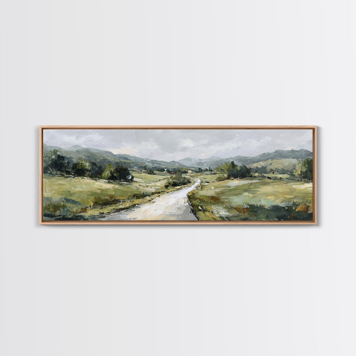 Country Road Disappearing into Green Hills Framed Canvas Print, Country Art, Statement Artwork, Farmhouse Decor, Country, COU-3x1-23
