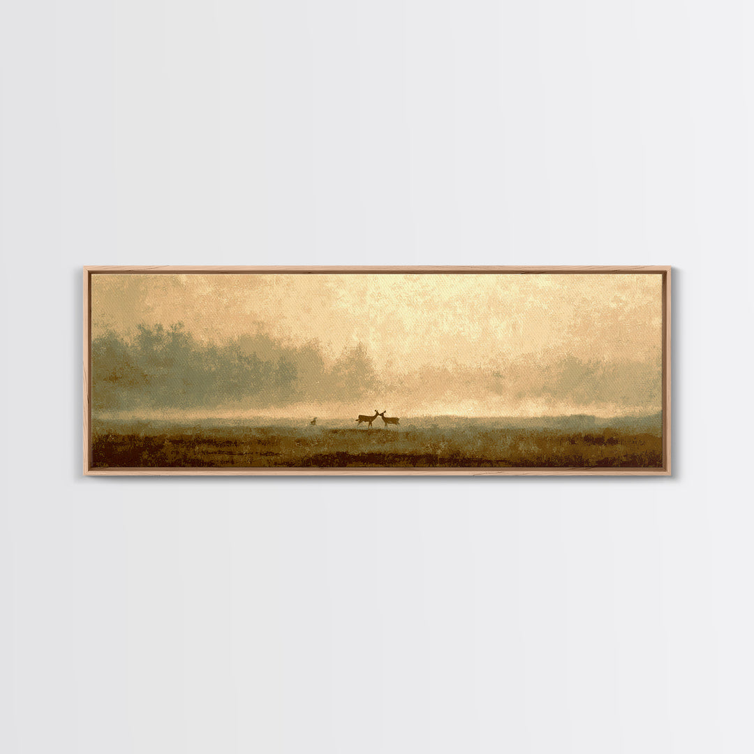 Deer Crossing a Misty Morning Field Framed Canvas Print, Country Art, Boho Decor, Farmhouse Decor, Fine Art, Country, COU-3x1-27