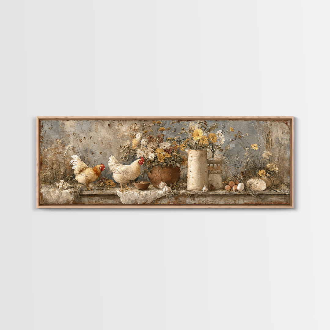 Chickens Pecking Near Garden Flowers Canvas Print, Country Art, Wall Art, Farmhouse Decor, Watercolor Art, Country, COU-3x1-30