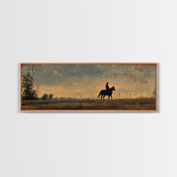 Horse and Rider Silhouette at Dusk Canvas Print, Country Art, Farmhouse Decor, Country, Gallery Wall Art, Landscape Wall Art, COU-3x1-33