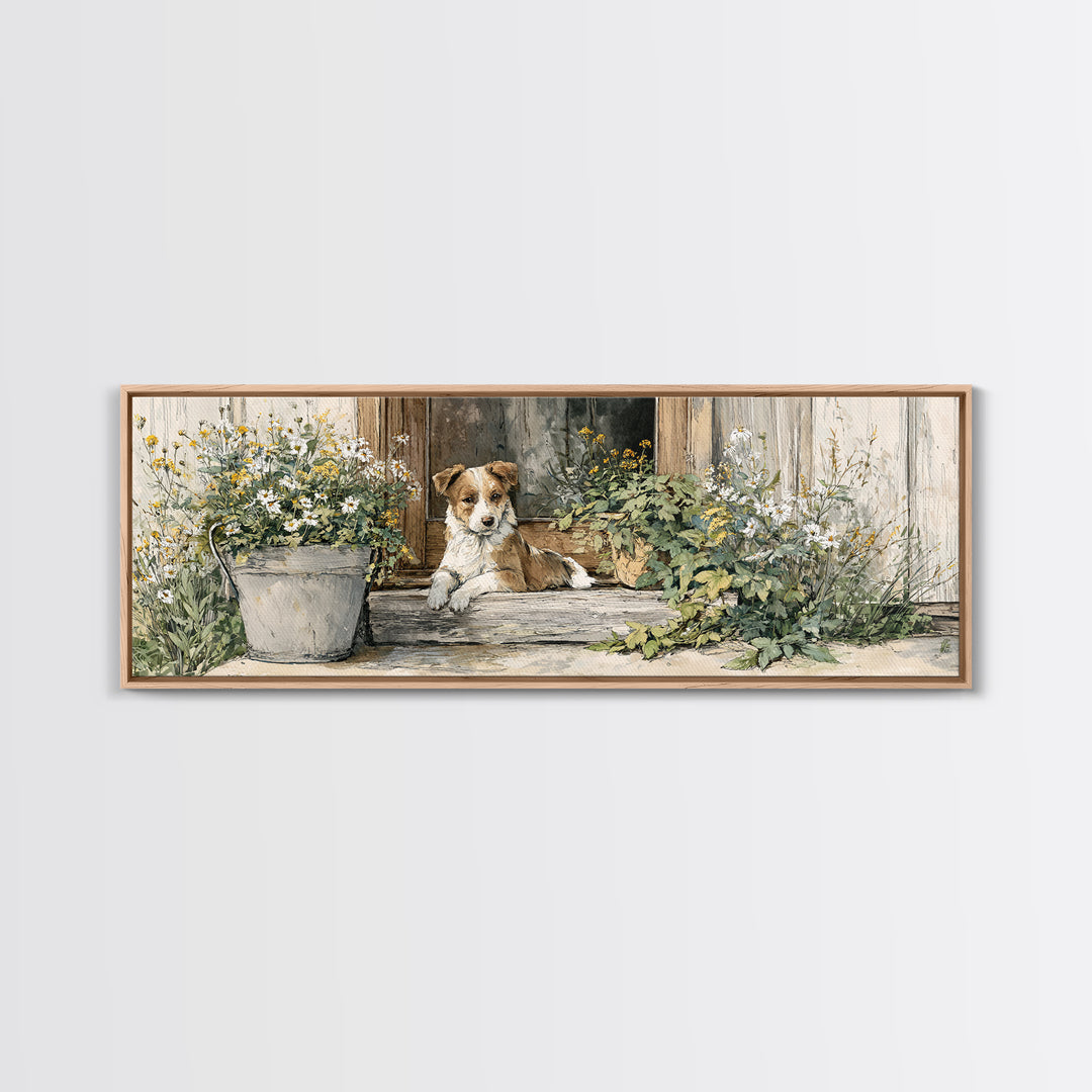 Dog Resting Beside a Porch Flower Pot Canvas Print, Country Art, Original Painting, Farmhouse Decor, Oil Painting, Country, COU-3x1-38