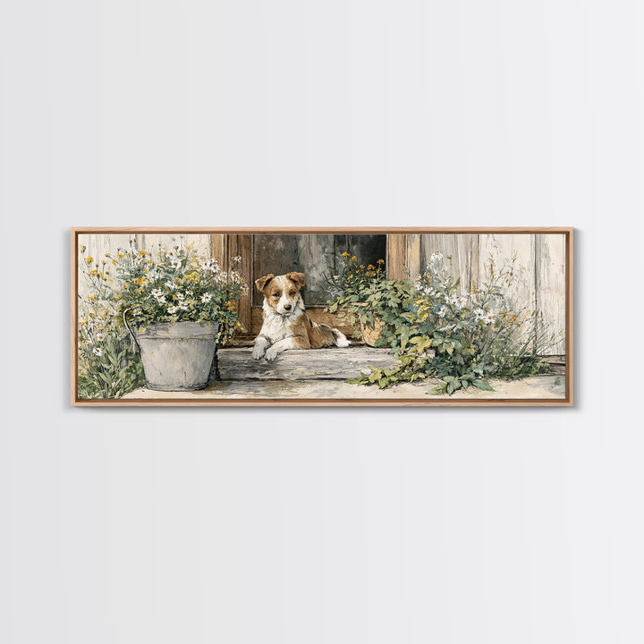 Dog Resting Beside a Porch Flower Pot Canvas Print, Country Art, Original Painting, Farmhouse Decor, Oil Painting, Country, COU-3x1-38