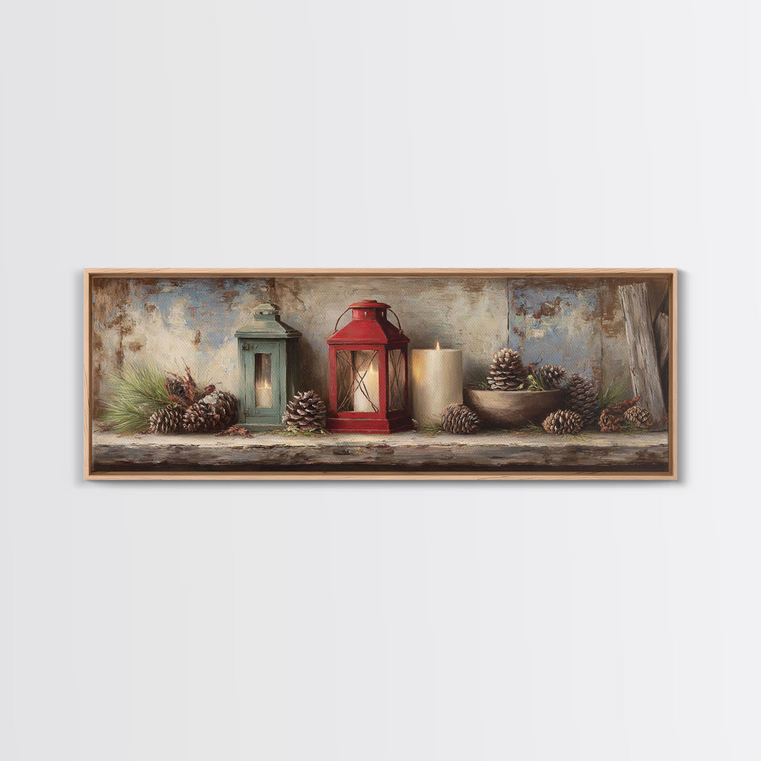 Old Lantern and Pinecones Still Life Canvas Print, Country Art, Gallery Decor, Farmhouse Decor, Fine Art, Country, COU-3x1-40
