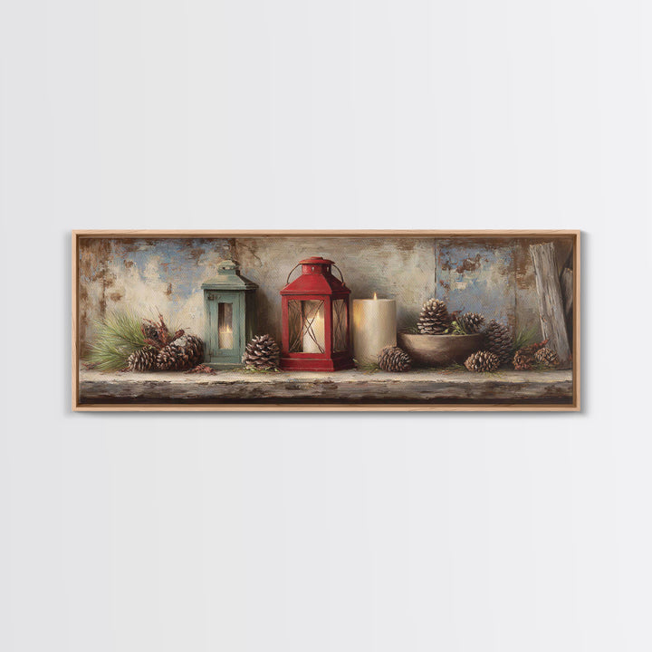 Old Lantern and Pinecones Still Life Canvas Print, Country Art, Gallery Decor, Farmhouse Decor, Fine Art, Country, COU-3x1-40