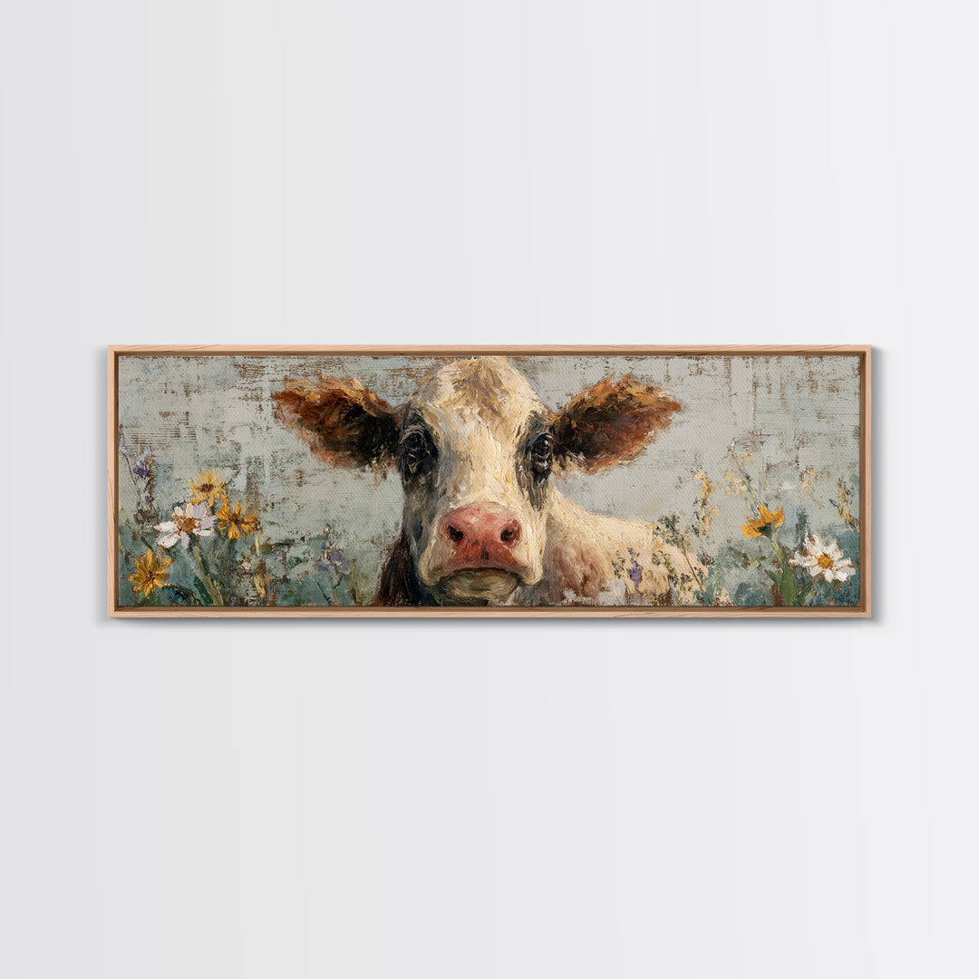 Cow Portrait with Gentle Farmhouse Personality Framed Canvas Print, Country Art, Wall Decor, Farmhouse Decor, Fine Art, Country, COU-3x1-44
