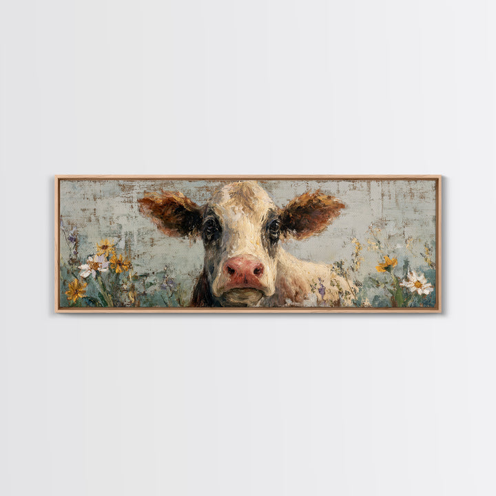 Cow Portrait with Gentle Farmhouse Personality Framed Canvas Print, Country Art, Wall Decor, Farmhouse Decor, Fine Art, Country, COU-3x1-44