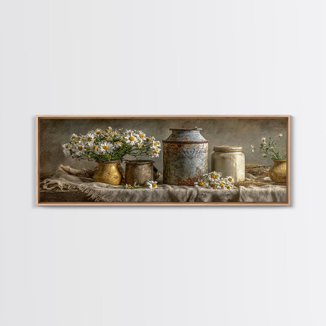Milk Can and Daisies Rustic Still Life Framed Canvas Print, Country Art, Oil Painting, Farmhouse Decor, Watercolor Art, Country, COU-3x1-5